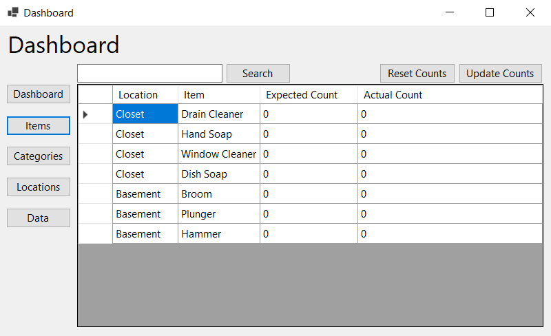 The Inventory's Dashboard, showing how the item categories, locations, and items all combine into a simple end-user interface
