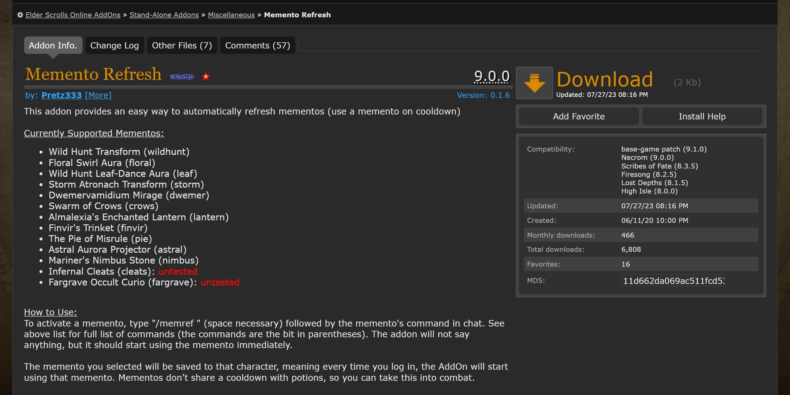 The Memento Refresh AddOn page on ESOUI. It shows that the AddOn gets roughly 475 monthly downloads, has been recently updated, and contains the instructions to use it in-game.